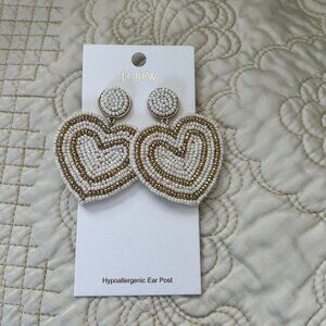 J. Crew Gold Cream Beaded Heart Statement Earrings